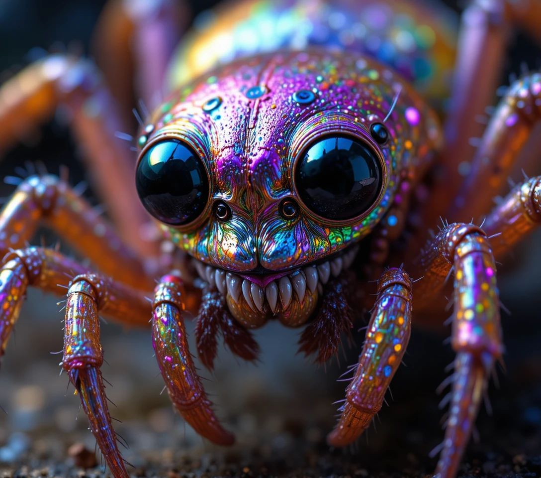 Bunte Cartoon-Spinne mit großen Kulleraugen und breitem Grinsen
