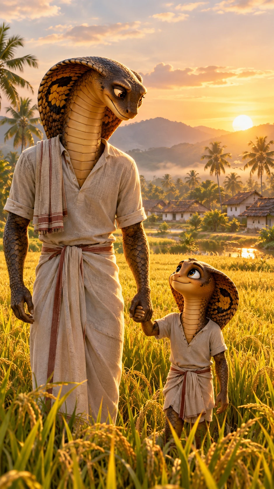 Father and child cobras in a golden sunrise rice field