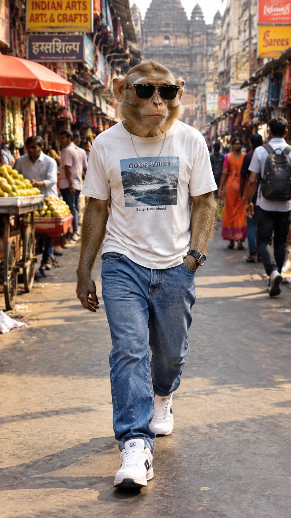 Stylish monkey walking confidently through Indian street market