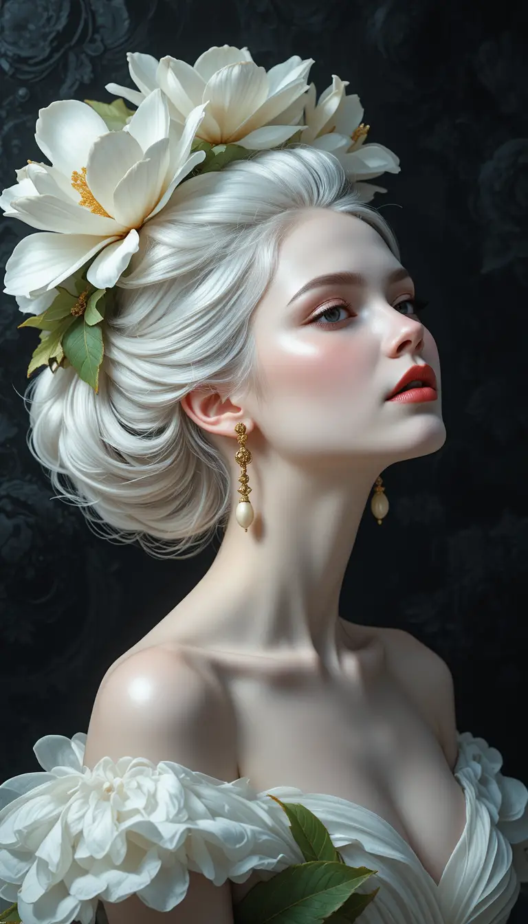 Elegant woman with white magnolias and glowing dark background