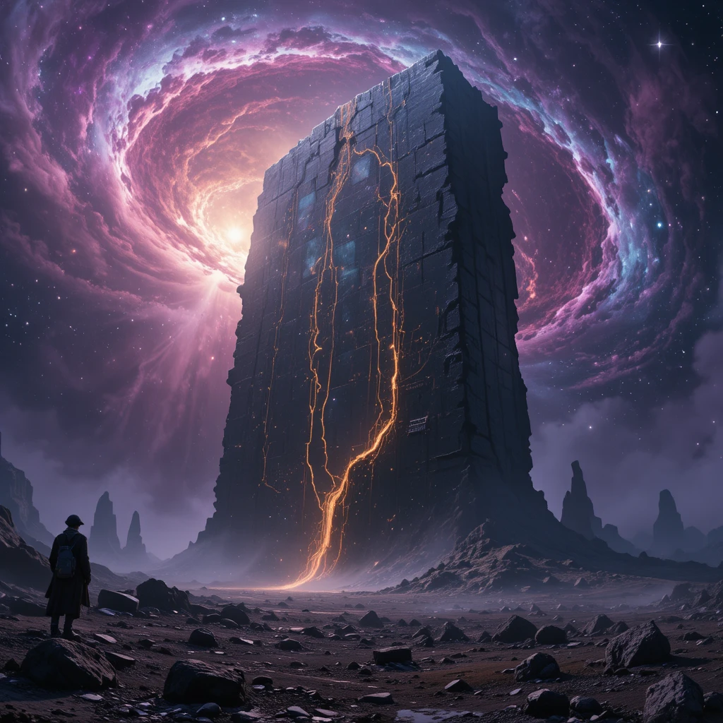 Colossal shattered monolith drifting in deep outer space