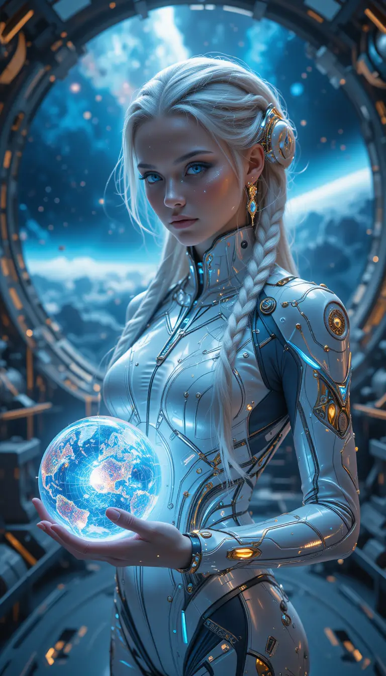 Futuristic celestial cartographer woman on a starship observatory