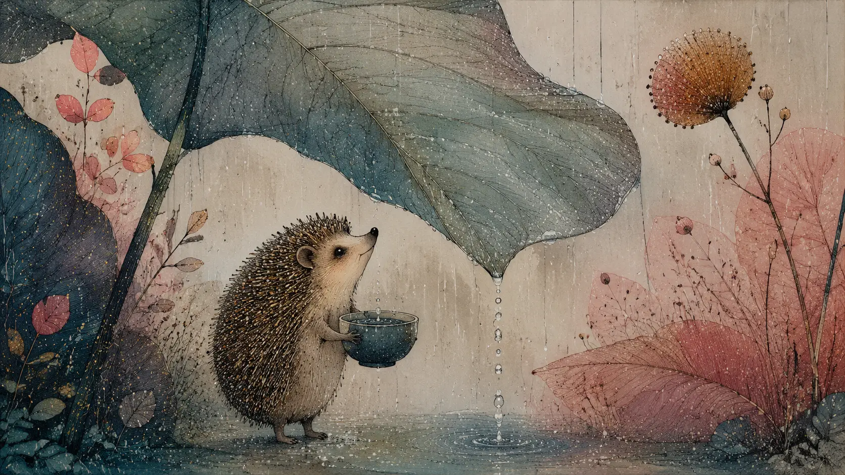 Small hedgehog under huge leaf collecting delicate falling raindrops