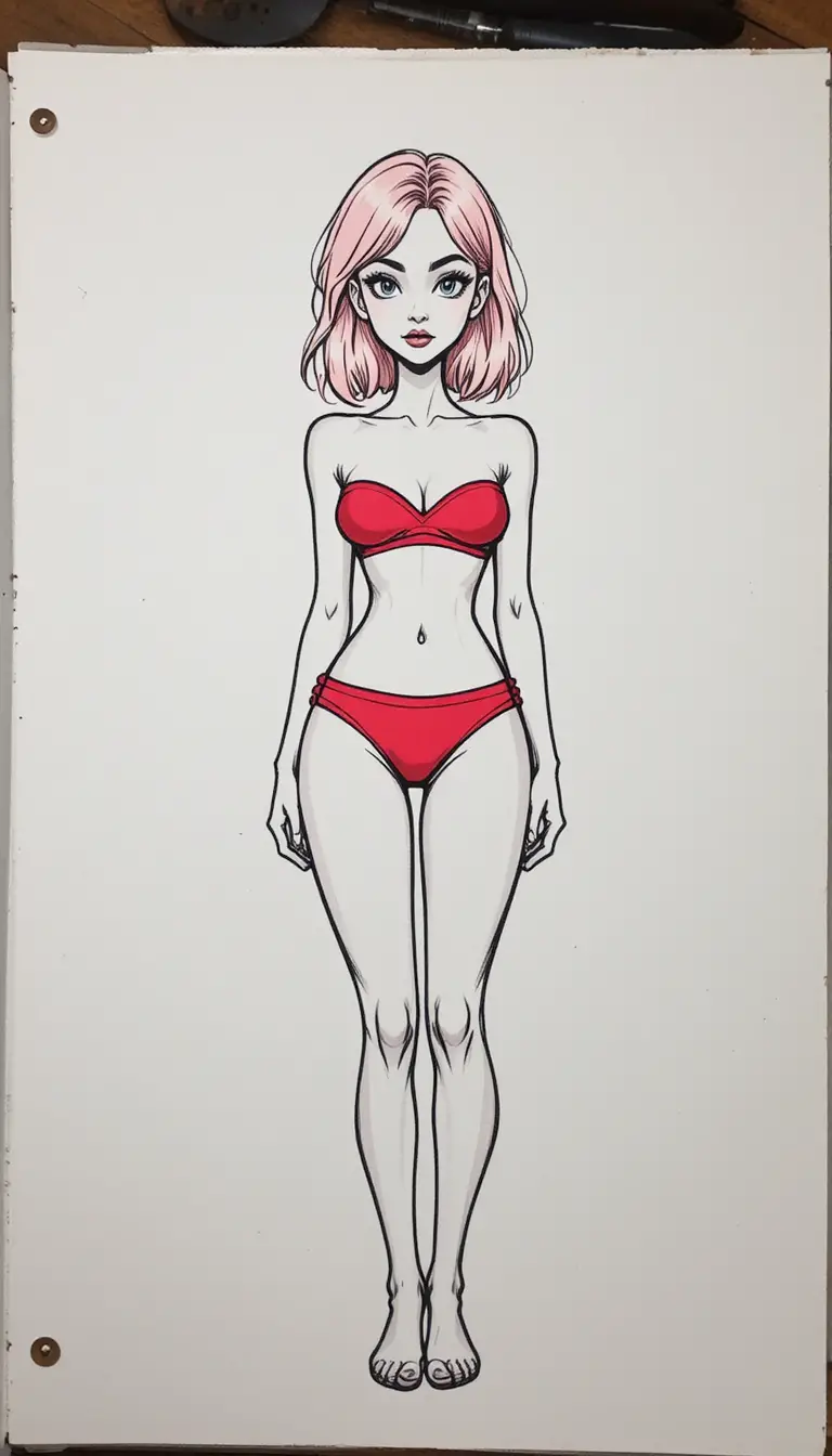 Comic style full body portrait of a woman in red swimwear