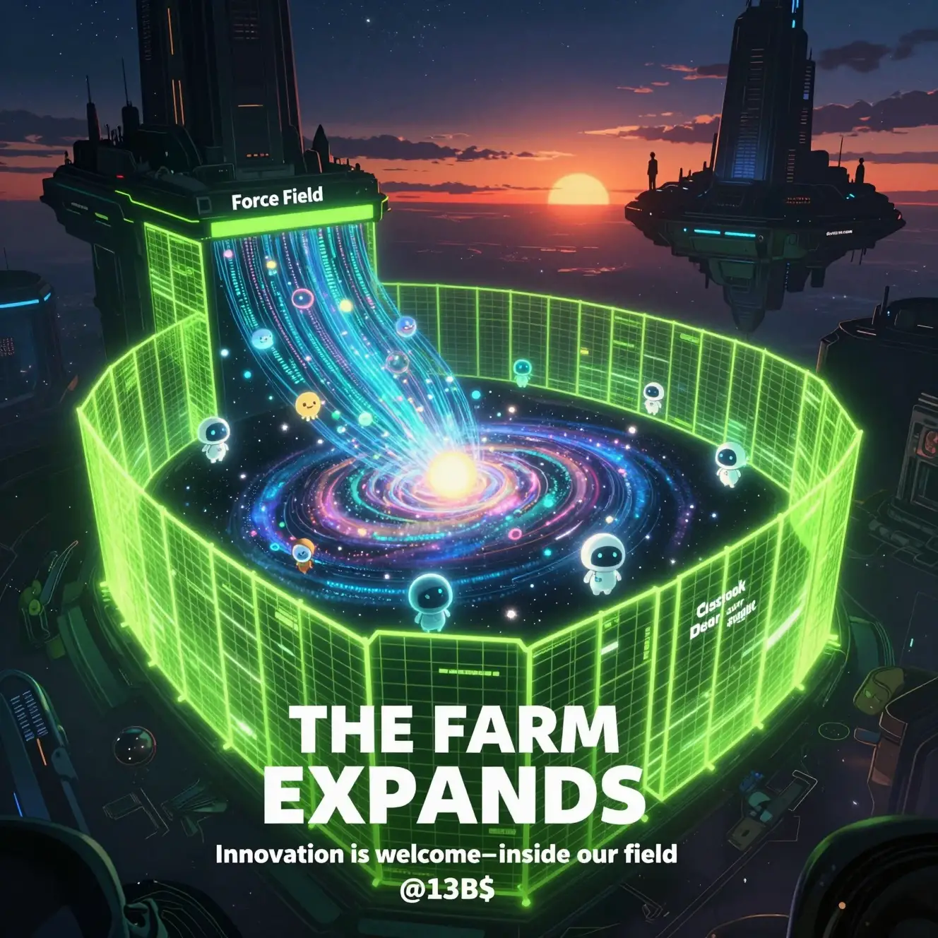 Neon force field enclosing a digital galaxy of tiny robots