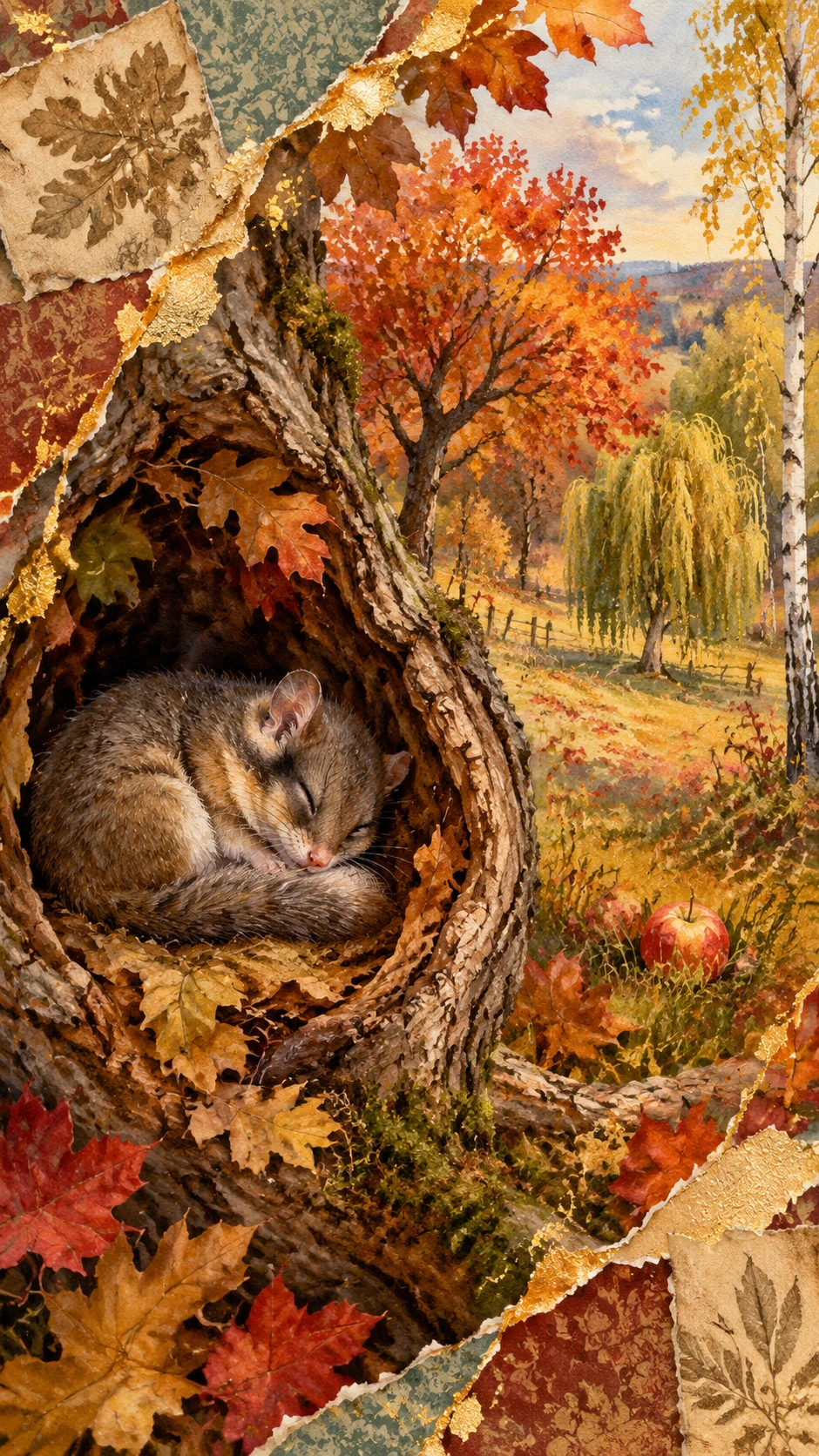 Sleeping dormouse in an autumn orchard tree hollow collage