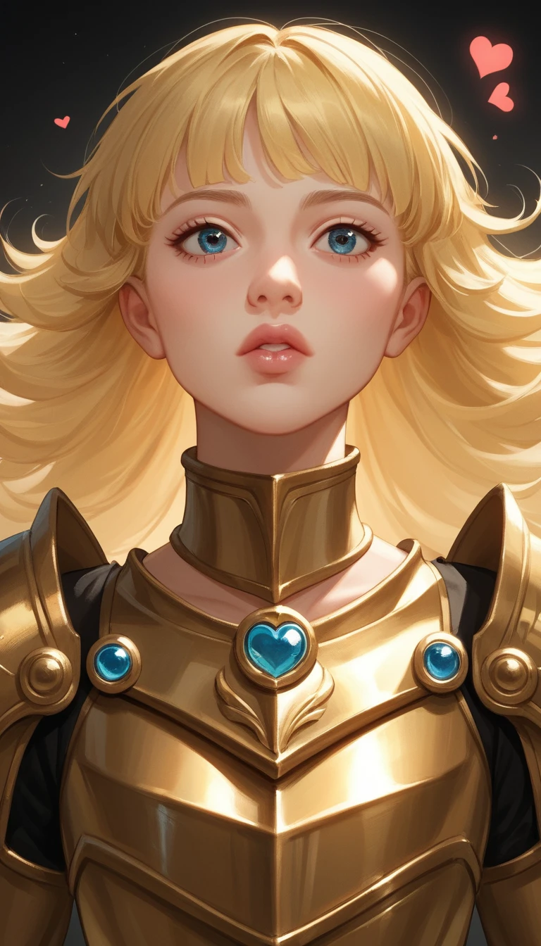 Heroína de anime con armadura dorada y mirada trágica y llorosa
