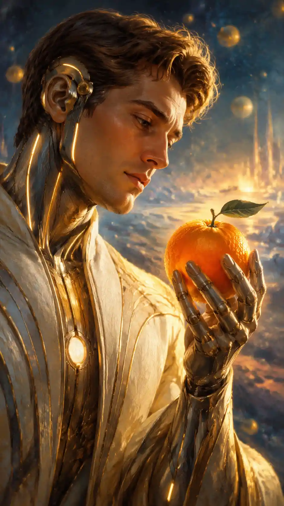 Sentient male AI portrait with a single glowing fruit