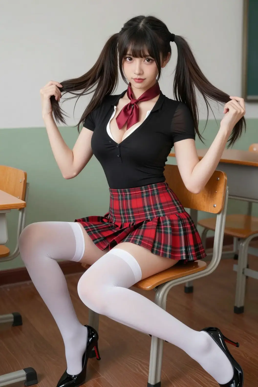 Flirty young woman posing in a vintage classroom chair