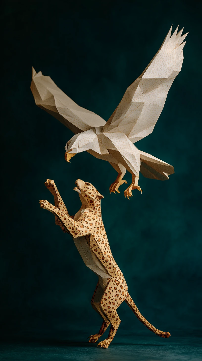 Origami eagle and cheetah clash in mid air