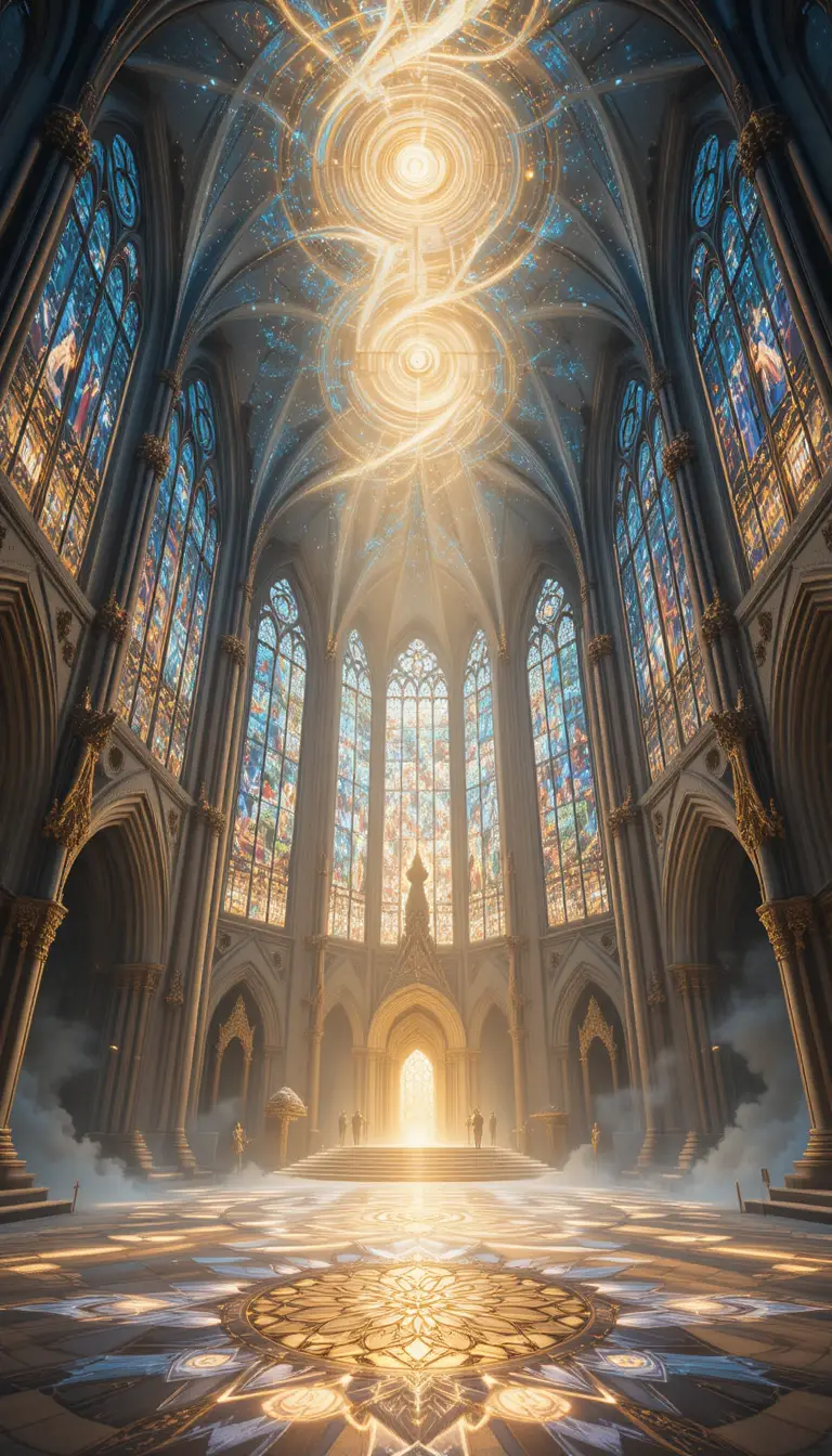Grand celestial cathedral under a swirling galactic sky