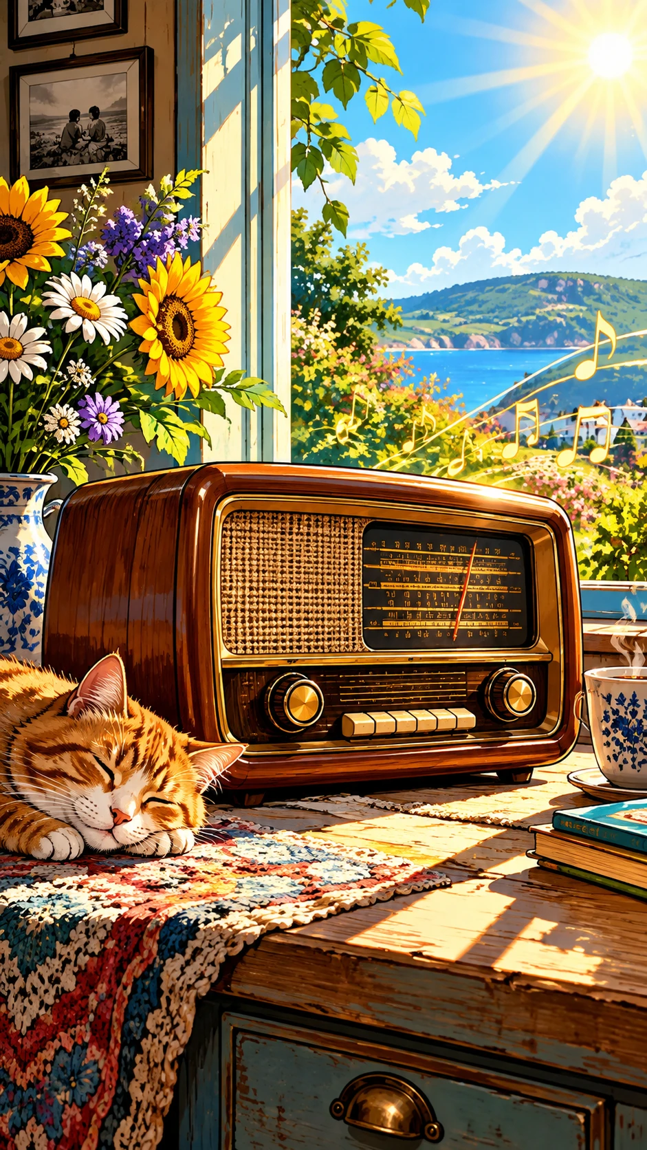 Ilustración digital colorida de una alegre radio vintage a la luz del sol