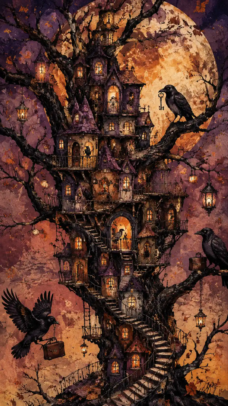 Crooked treehouse hotel glowing against a surreal moonlit sky