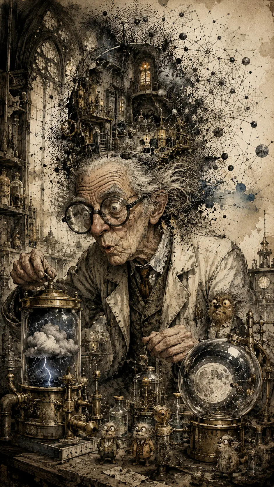 Eccentric Elderly Inventor In Gothic Laboratory With Odd Machines