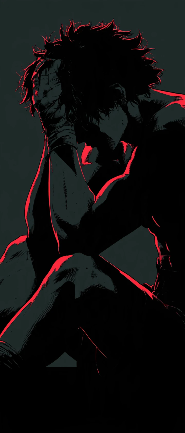 Somber anime boxer in isolation with crimson rim light
