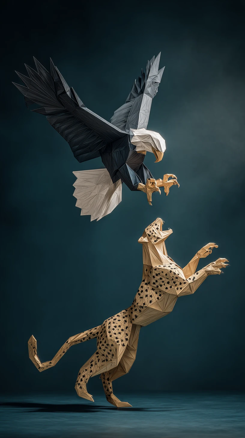 Low poly eagle and cheetah clash in mid air papercraft scene