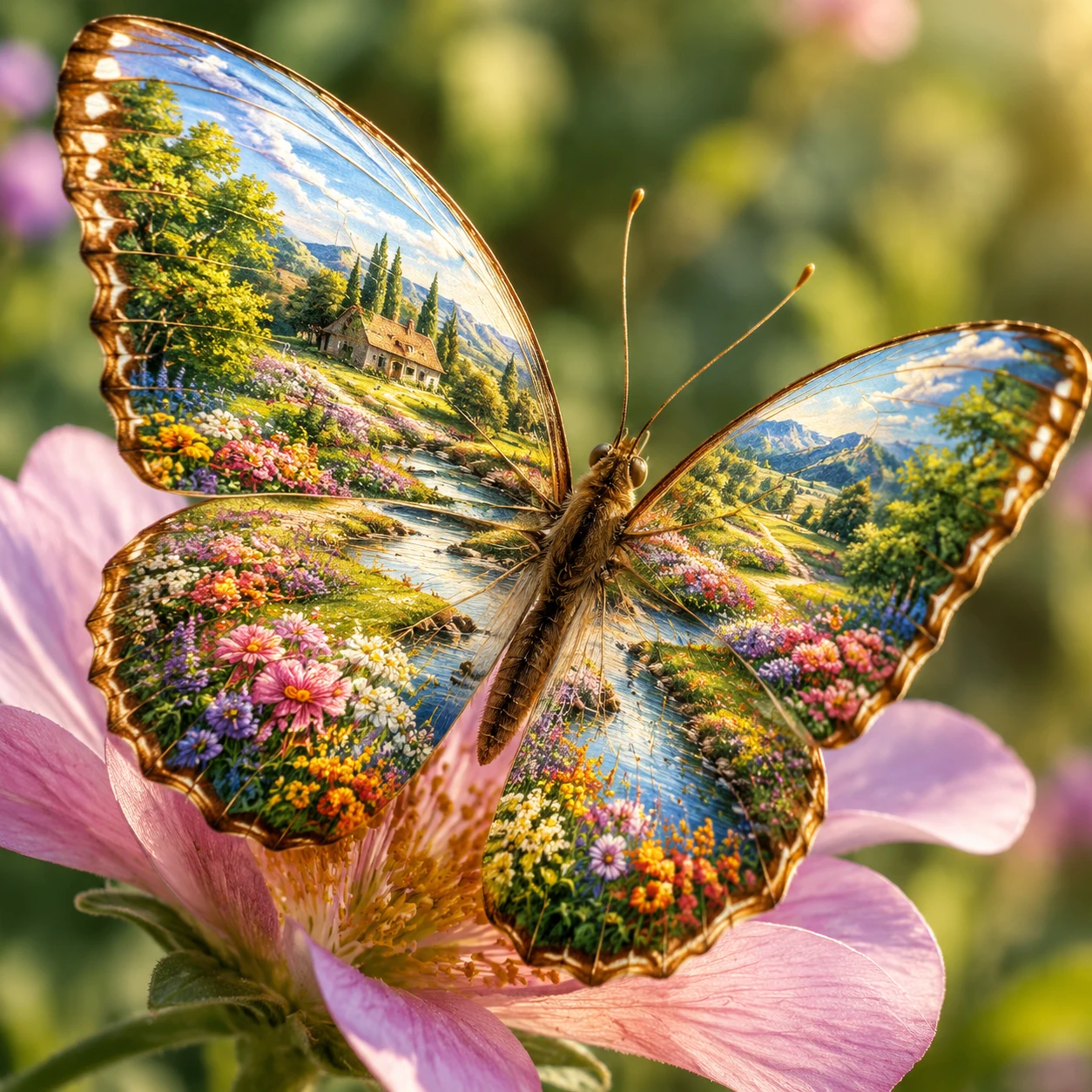 Butterfly Wings Painted With A Peaceful Countryside Scene