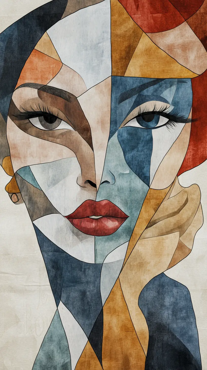 Cubist watercolor portrait of a woman with fragmented face