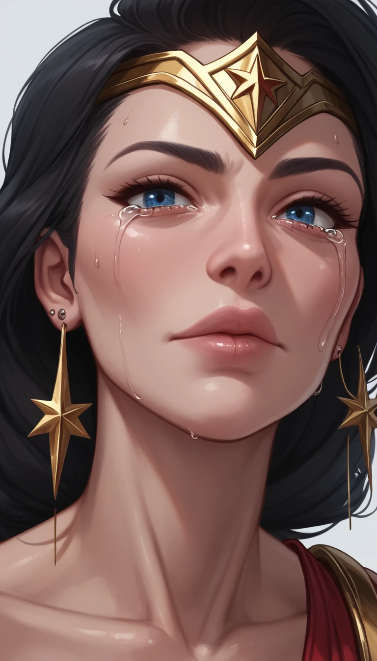 Close up anime heroine in golden armor with tears