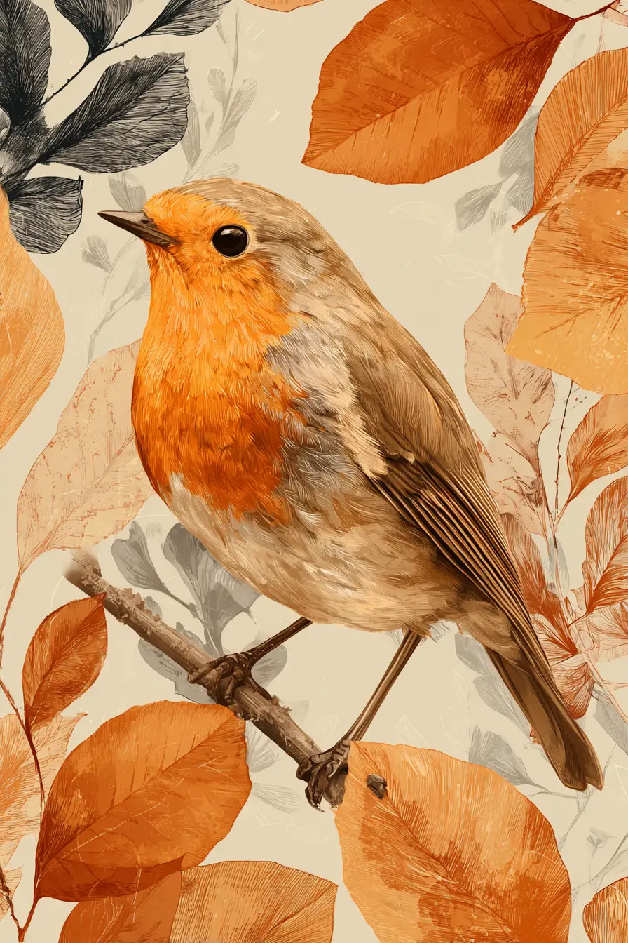 Cozy autumn robin resting among warm seasonal foliage