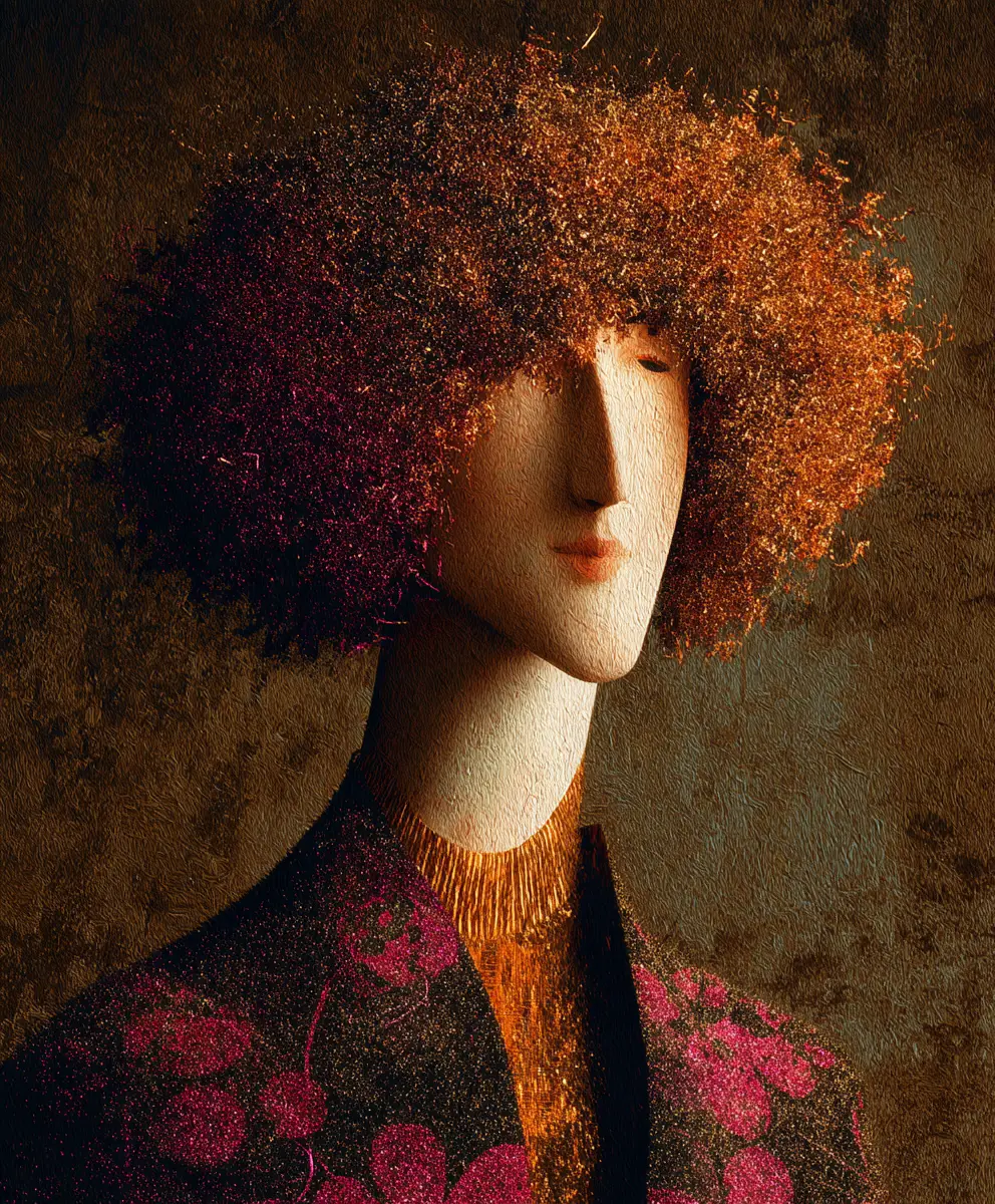 Surreal woolen portrait of a stylish woman in eerie world
