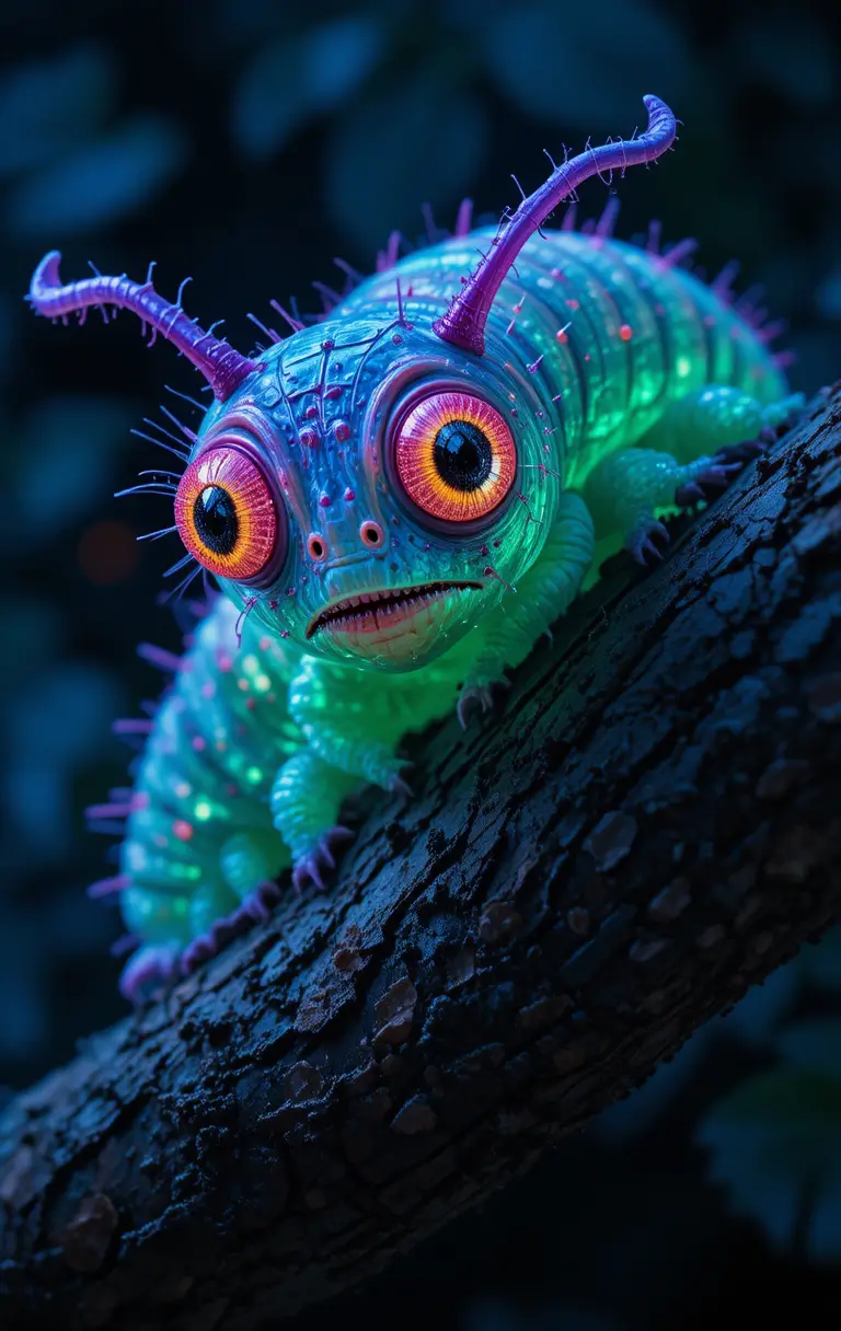 Glowing Green And Purple Caterpillar On Oak Tree Branch