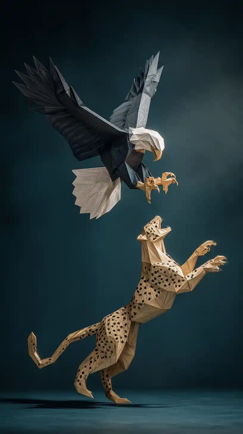 Low poly eagle and cheetah clash in mid air papercraft scene