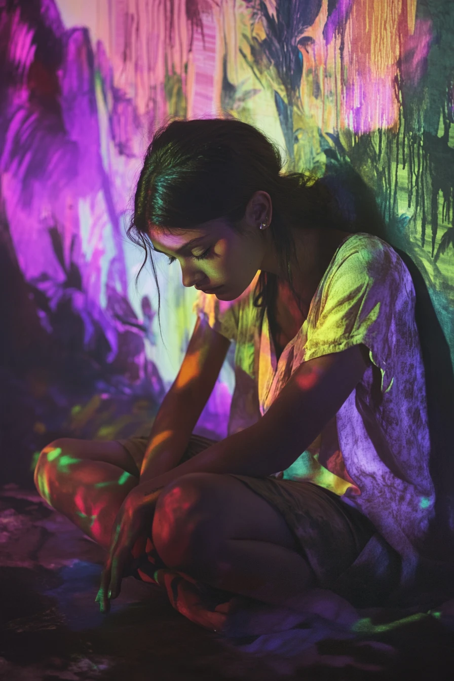 Mulher brilhando em luz de néon em uma cena surreal em tela