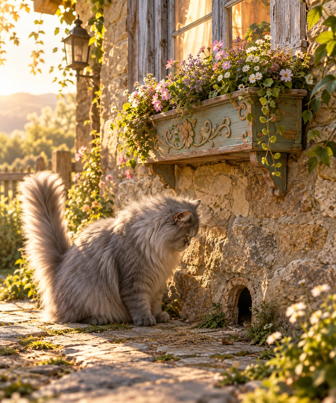 Persian cat watching a mouse hole by an old stone cottage