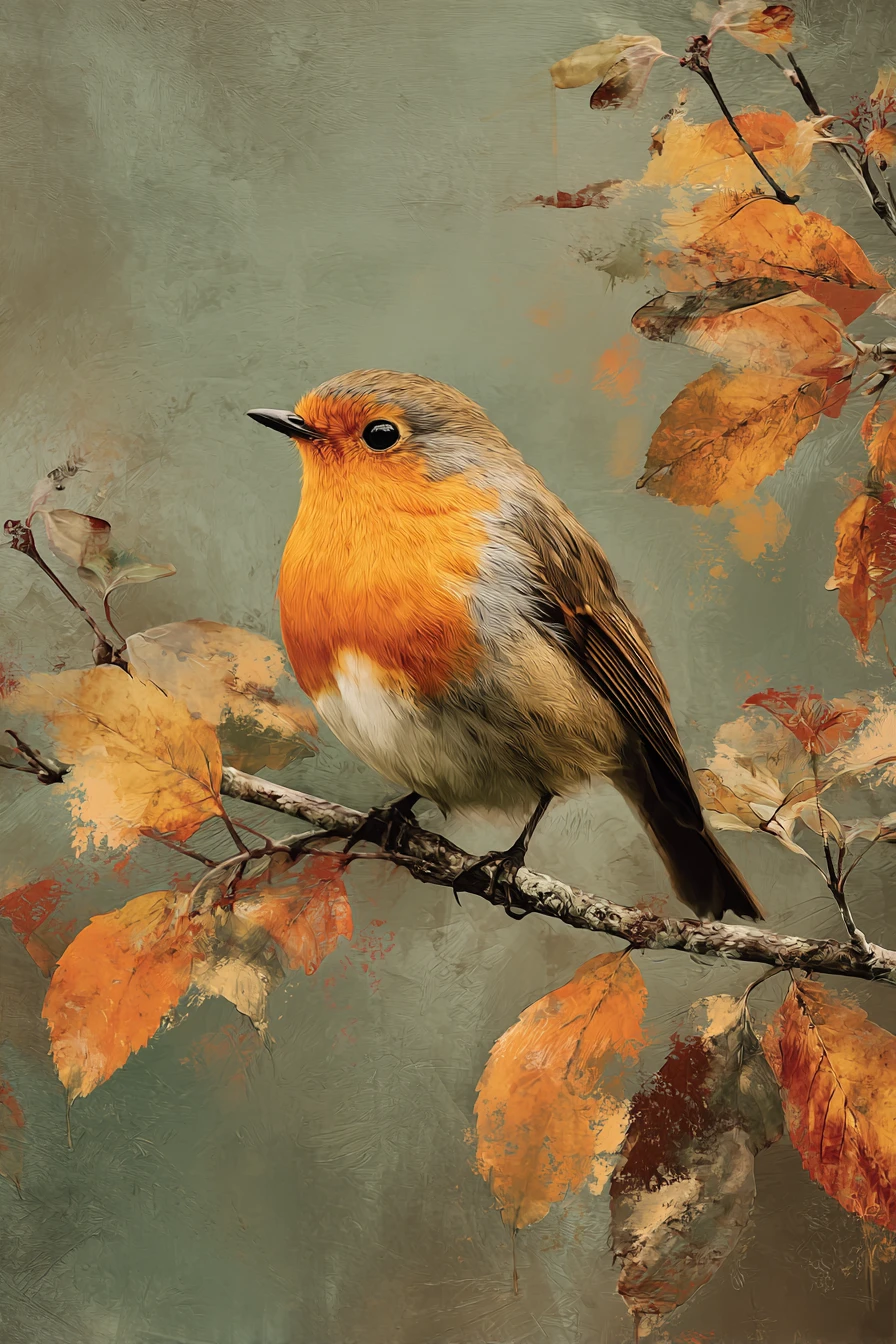 Cozy autumn bird among orange leaves in the forest