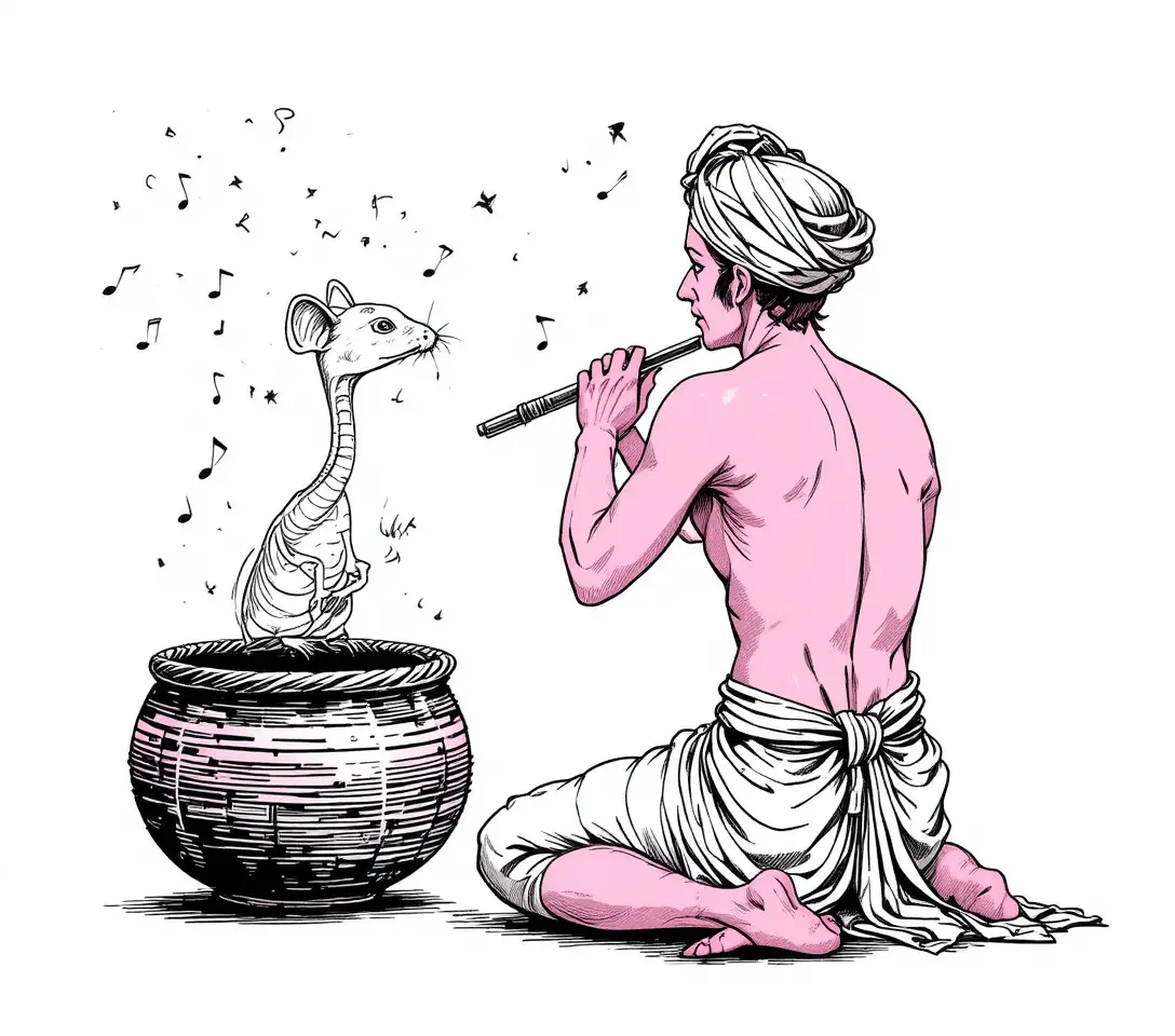 Satirical cartoon of a man charming a computer mouse
