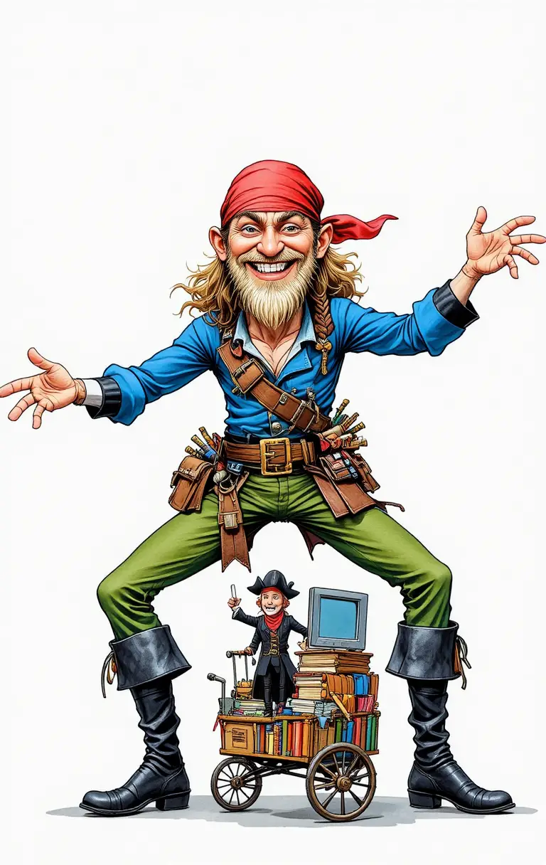 Cartoon pirate towering over a small rider on cart