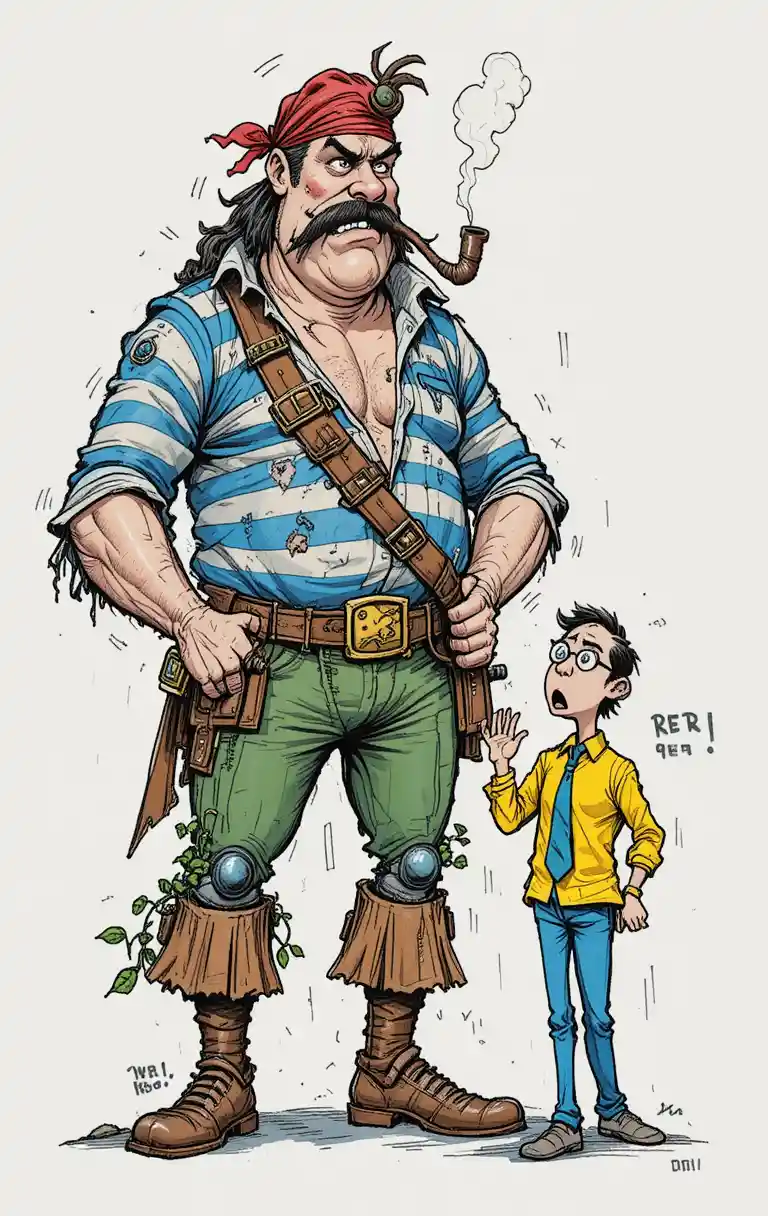 Cartoon pirate towering over frightened man in office clothes