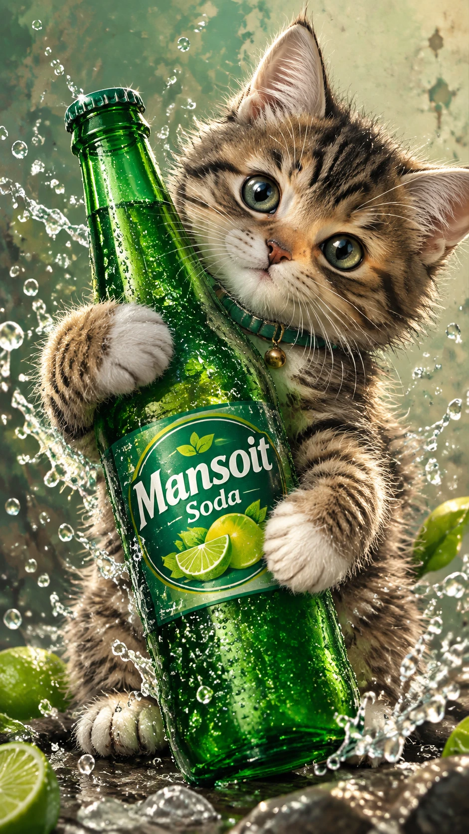 Playful tabby kitten hugging a green soda bottle