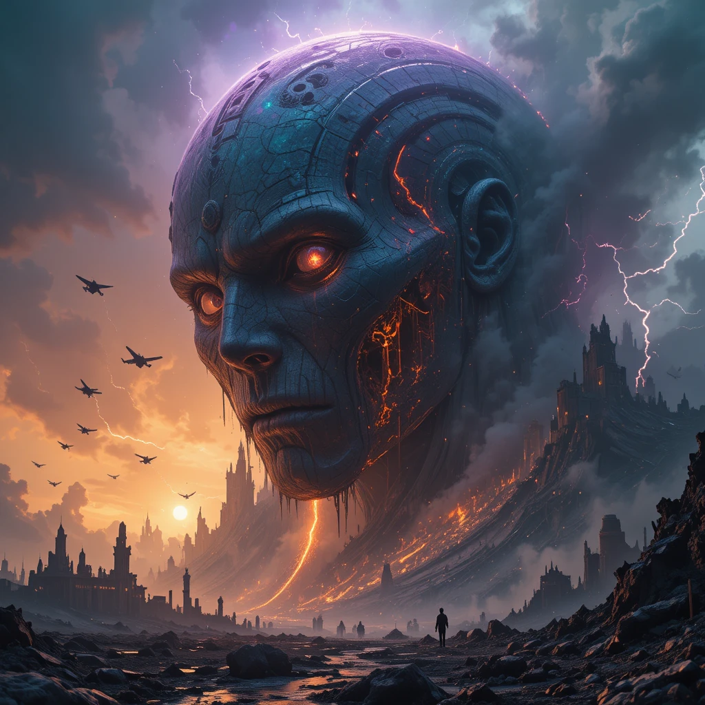 Colossal titan rising from a surreal metallic sea