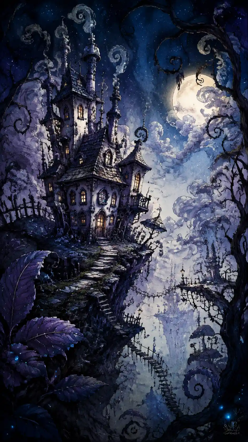 Whimsical crooked fantasy house on a tiny impossible world