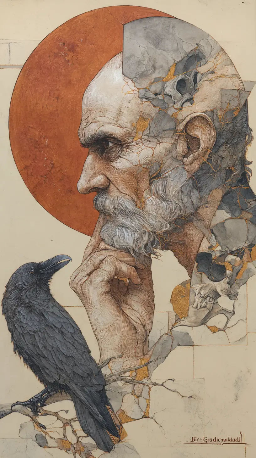 Melancholic old man portrait with cracked moonlit head