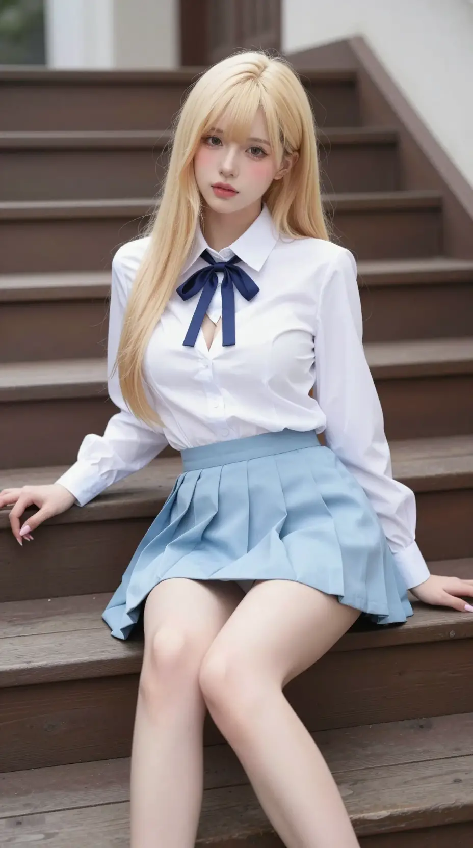 Blonde girl in uniform on wooden outdoor steps