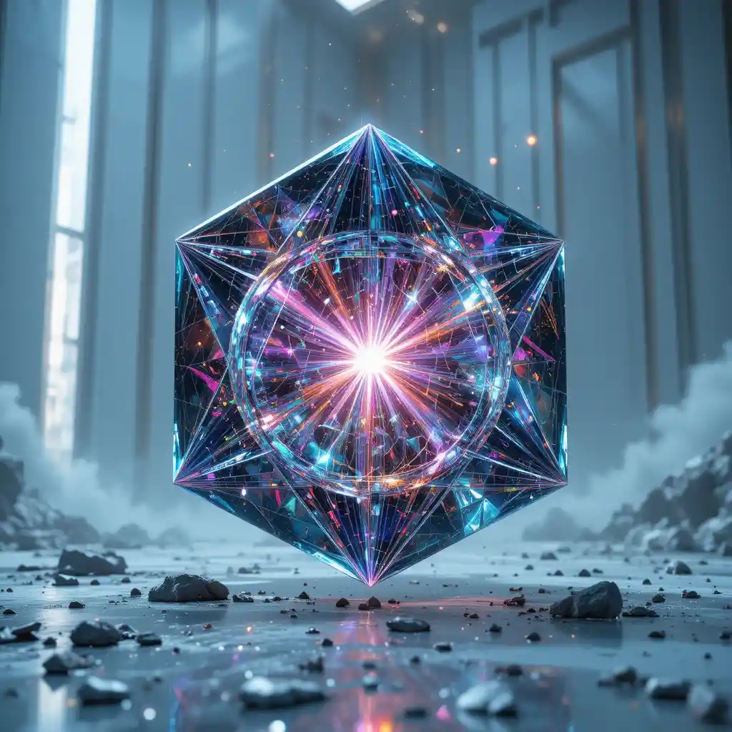 Prisme tesseract surréaliste brillant dans un sombre vide cosmique