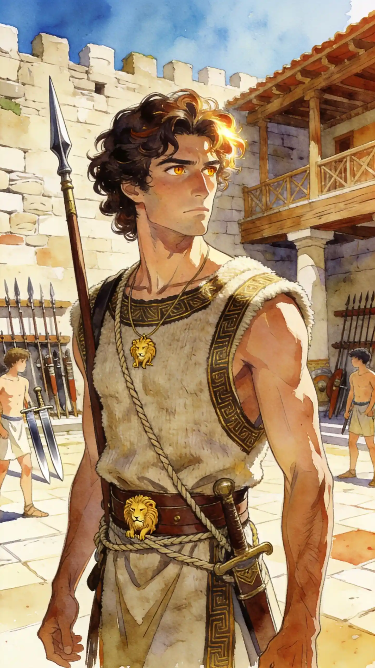 Mediterranean warrior training in an ancient palace courtyard
