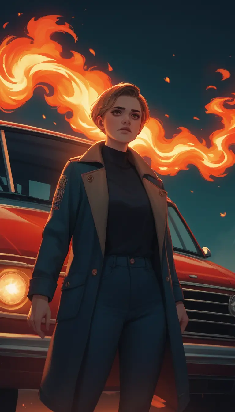 Anime heroine in a fiery hellish fantasy landscape