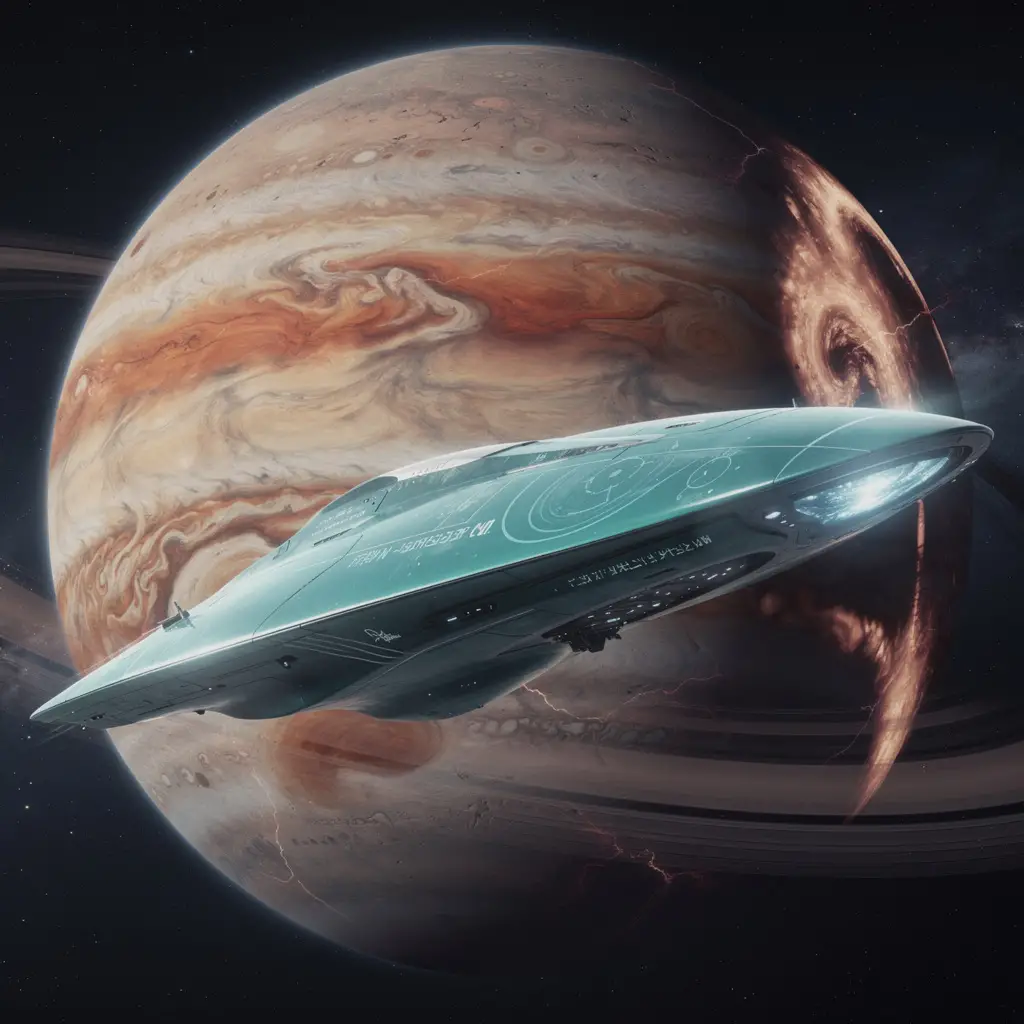Giant alien spacecraft orbiting a turbulent gas giant world