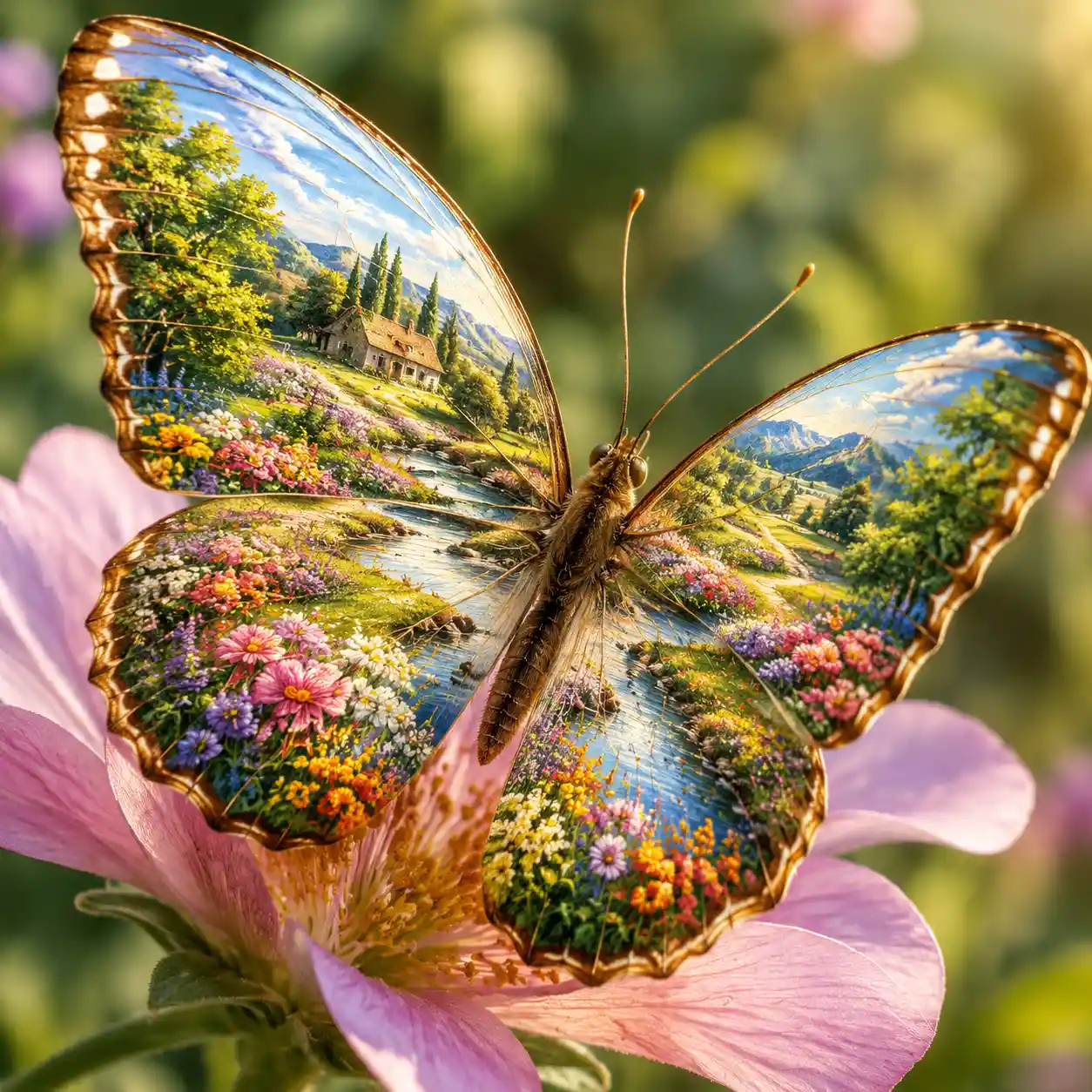 Butterfly Wings Painted With A Peaceful Countryside Scene