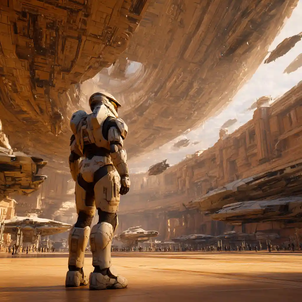 Guerreiro espartano guardando um vasto porto espacial futurista