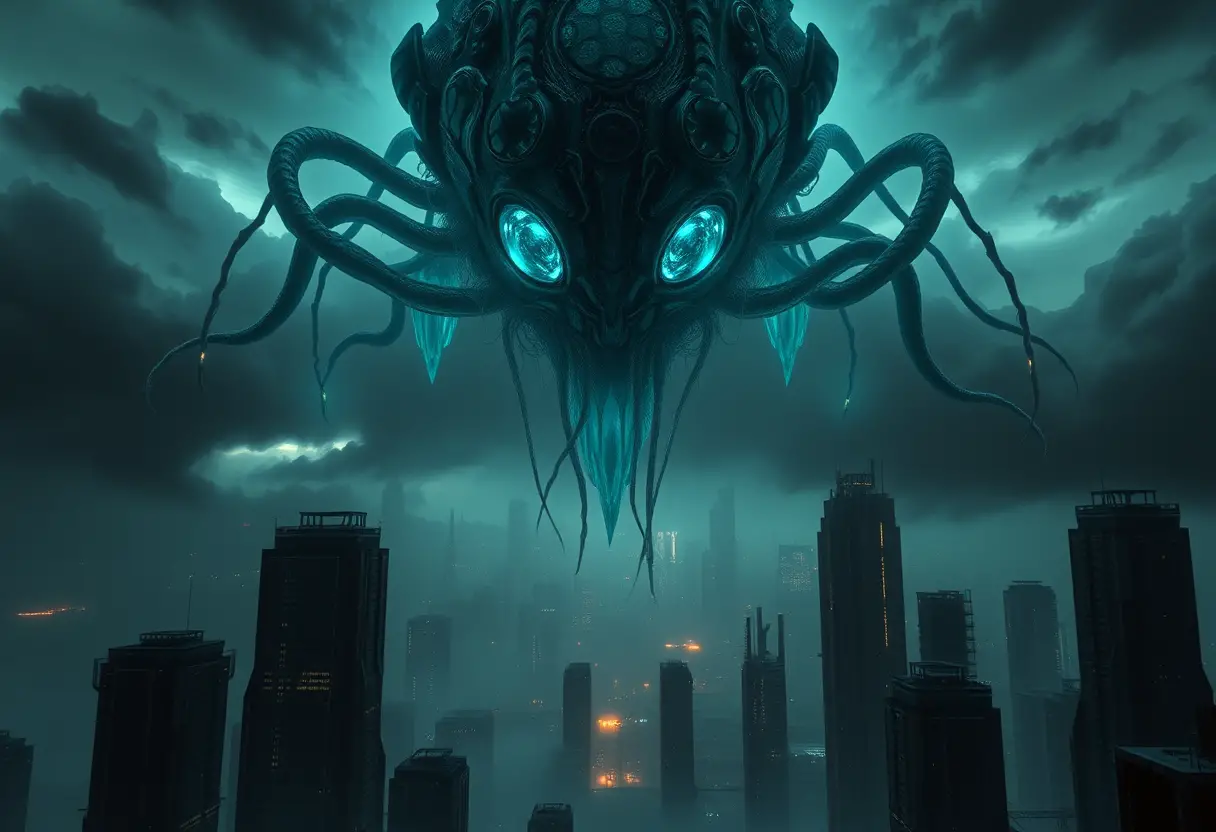 Alien leviathan above a futuristic cyberpunk cityscape