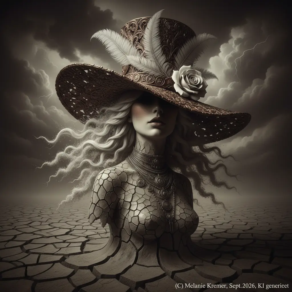 Surreal woman fused with cracked desert beneath ornate top hat