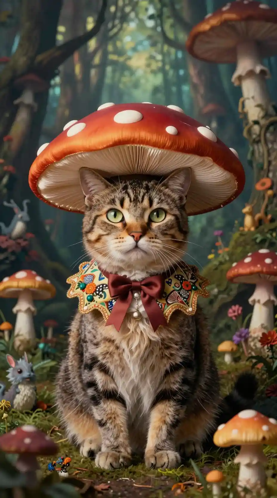 Chat royal avec chapeau champignon dans une forêt fantastique surréaliste
