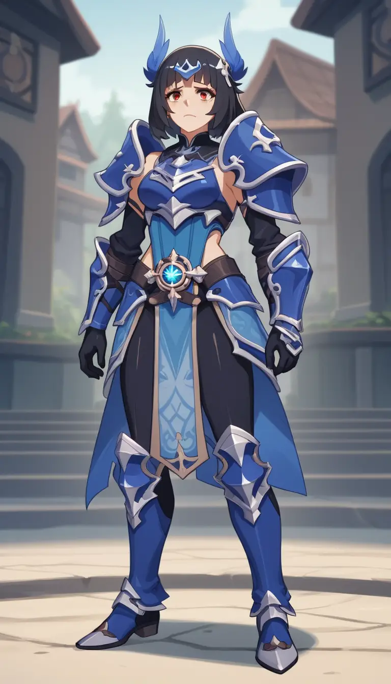 Anime warrior princess in blue armor holding back tears