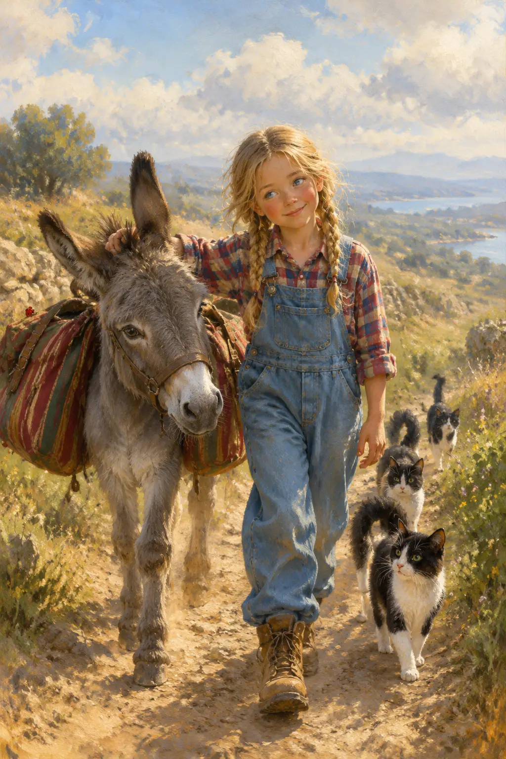 Girl walking with a donkey along a sunny country path