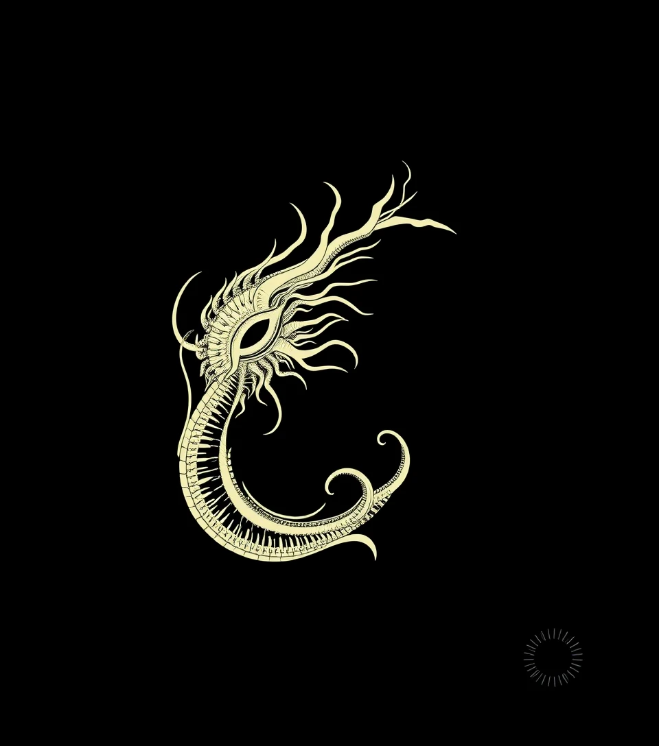 黑色背景上的極簡外星生物風格海報